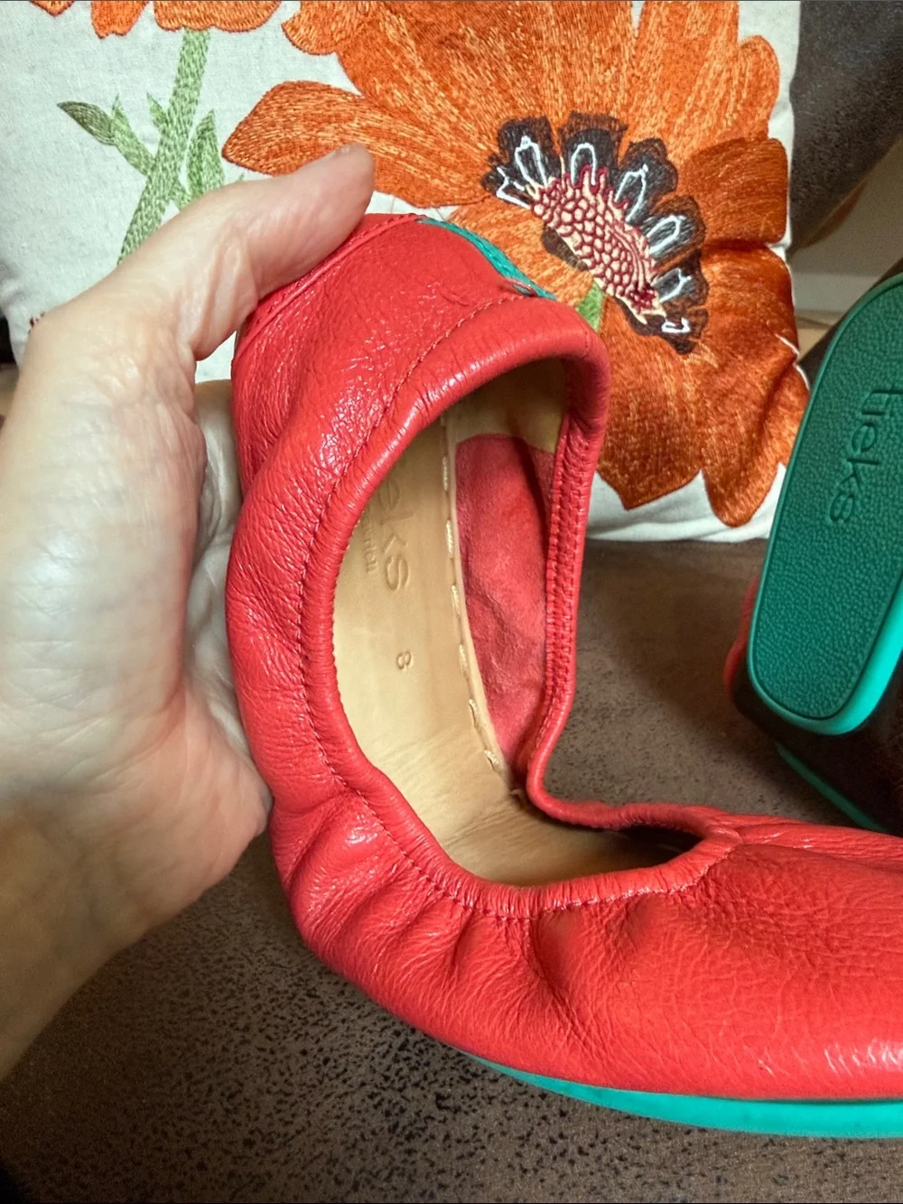 POPPY TIEKS LEATHER BALLET FLATS FOLDABLE VIBRANT RED’ISH ORANGE CORAL SZ 8 EUC